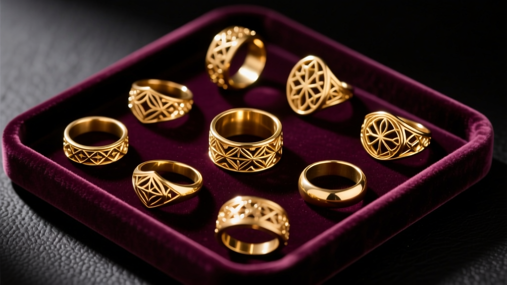 Overhead flat-lay of gold-plated brass costume rings on a dark velvet anti-tarnish jewelry tray under soft, warm studio lighting.