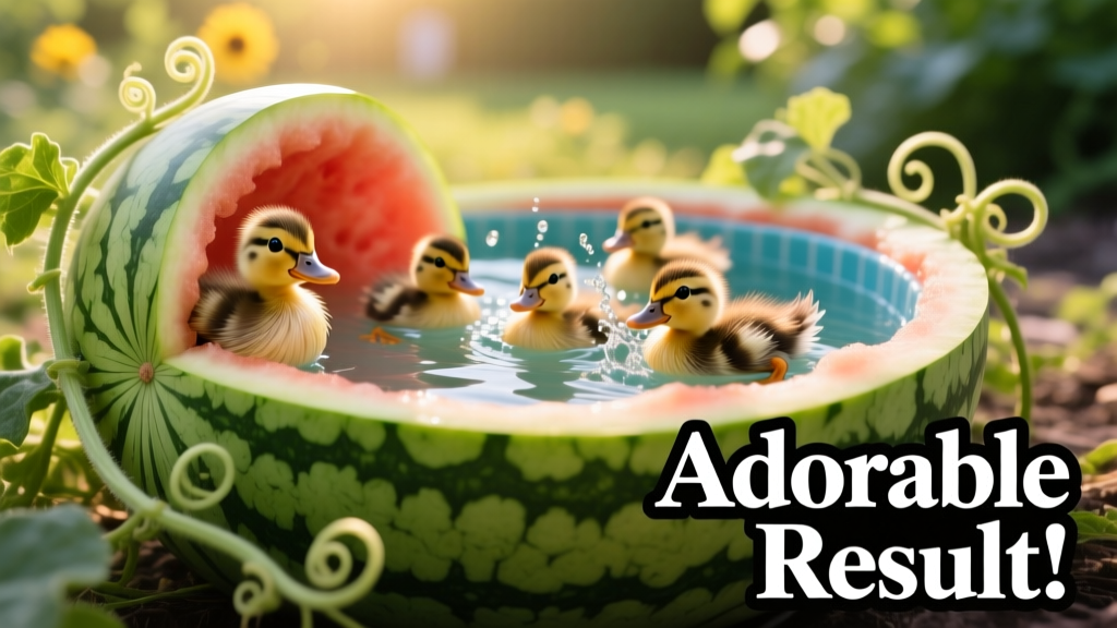 Ducklings swimming playfully inside a hollowed-out watermelon, surrounded by green vines and fresh watermelon rind