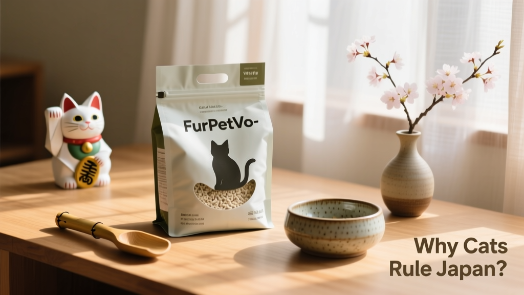 A FurPetVo-branded eco-friendly cat litter bag beside reusable bamboo scoops and a ceramic food bowl