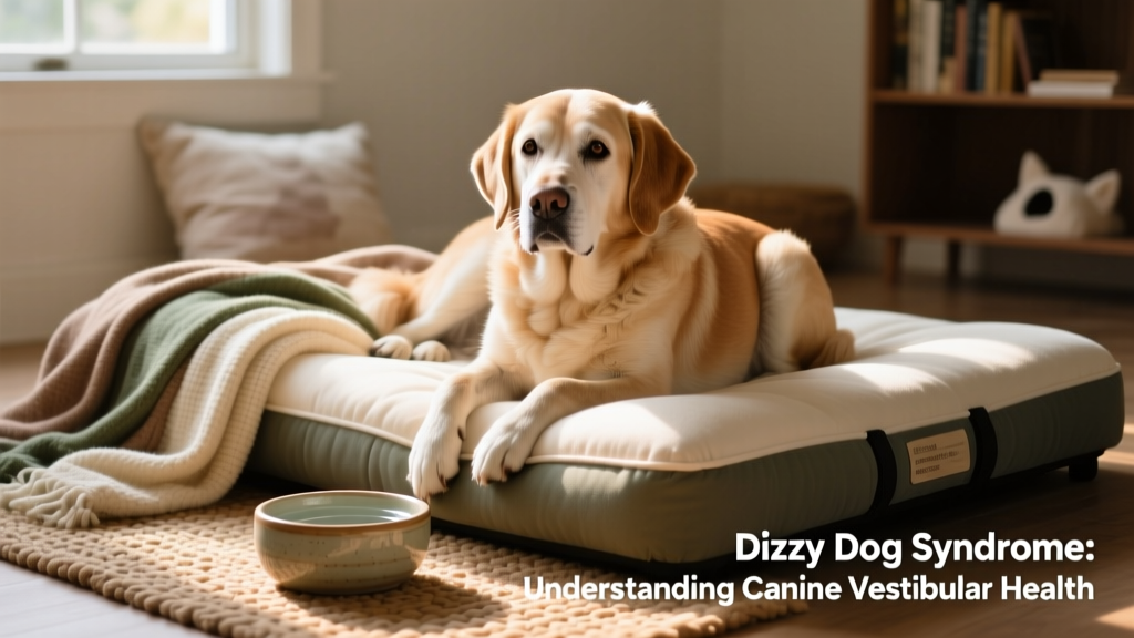 Senior dog resting comfortably on a supportive orthopedic bed, surrounded by soft blankets and a water bowl nearby