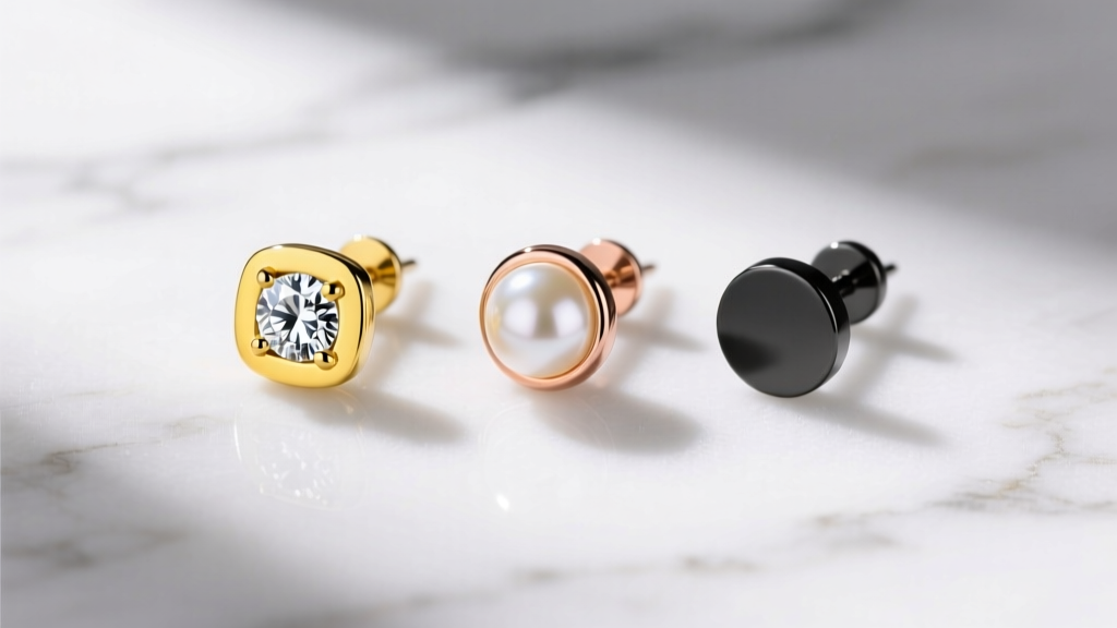 Overhead view of three nickel free studs: yellow gold diamond, rose gold pearl, and matte black titanium on white marble surface.