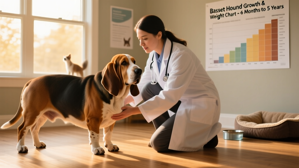 A veterinarian gently examining a Basset Hound’s joints and gait during a wellness checkup