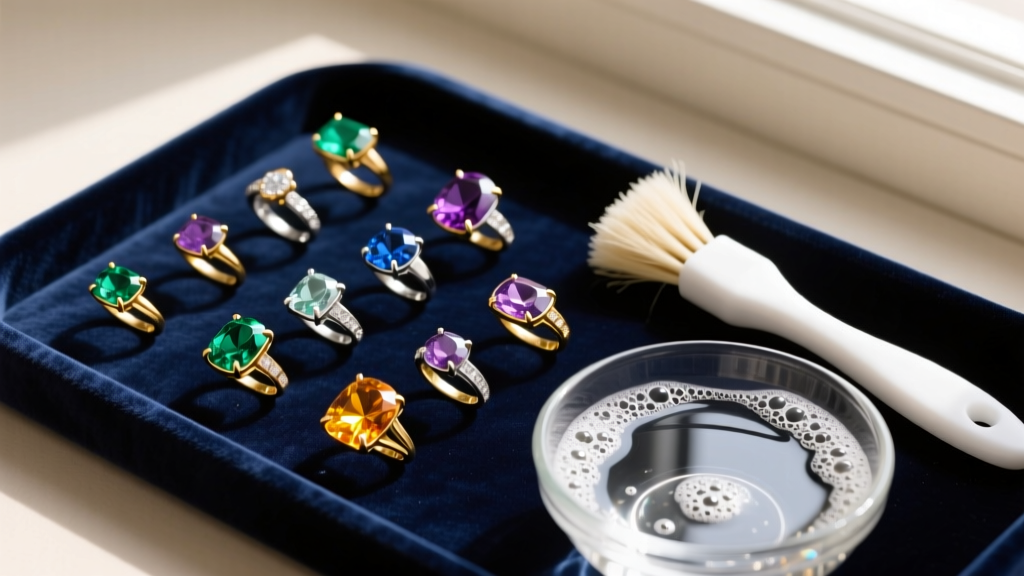 Overhead view of mixed gemstone rings on a velvet tray next to a soft cleaning brush and a glass bowl of soapy water