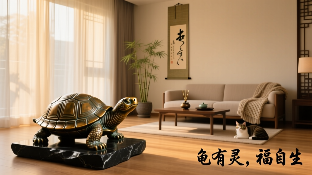 Feng shui arrangement featuring a bronze turtle figurine placed on a black slate base in the north corner of a serene living room