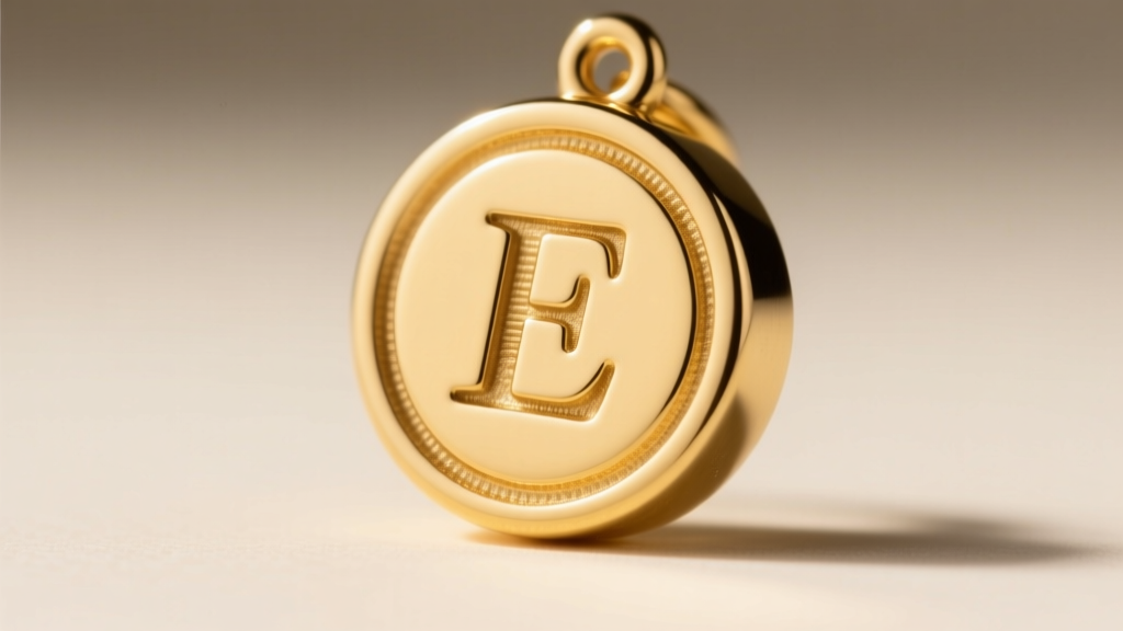Macro shot of a 14k yellow gold disk charm showing a hand-stamped initial, highlighting metal displacement and crisp edges.