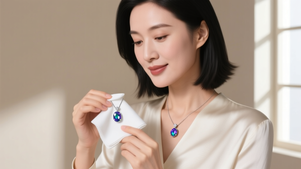 Woman gently wiping a delicate opal birthstone pendant with a dry microfiber cloth, avoiding harsh chemical cleaners nearby.