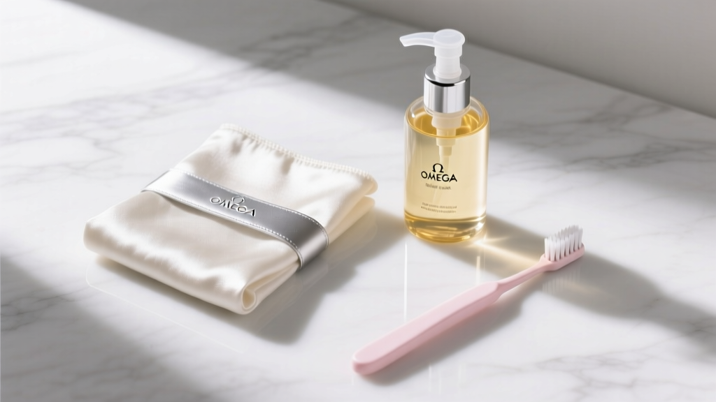 Flat lay of silver omega care supplies featuring a polishing cloth, mild liquid soap, and a soft baby toothbrush on white marble