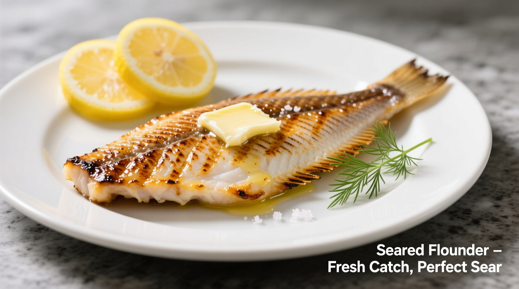 Perfectly seared flounder fillet with lemon garnish