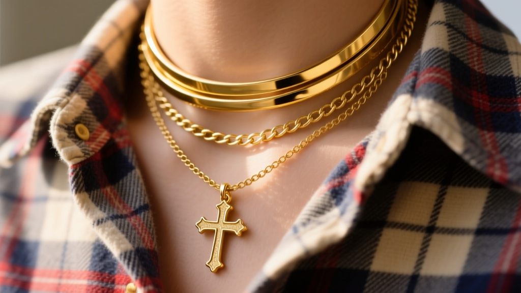 Close-up of a layered 14k yellow gold choker and delicate cross pendant necklace resting on a vintage 1990s flannel shirt collar.