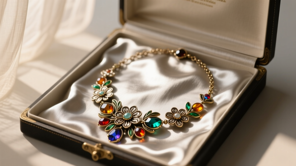 Victorian paste necklace stored in an archival acid-free box with a tarnish-resistant silver cloth, softly illuminated by warm lights.