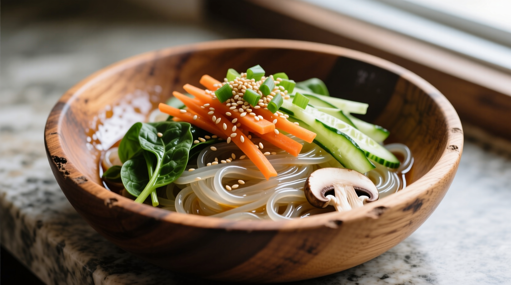 Shiny Korean potato noodles in wooden bowl with vegetables