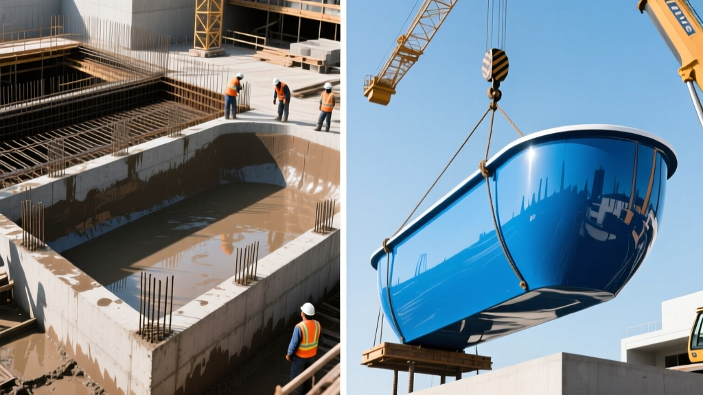 Split-view of a steel-rebar gunite pool shell under construction and a glossy blue fiberglass pool shell being lowered by a crane