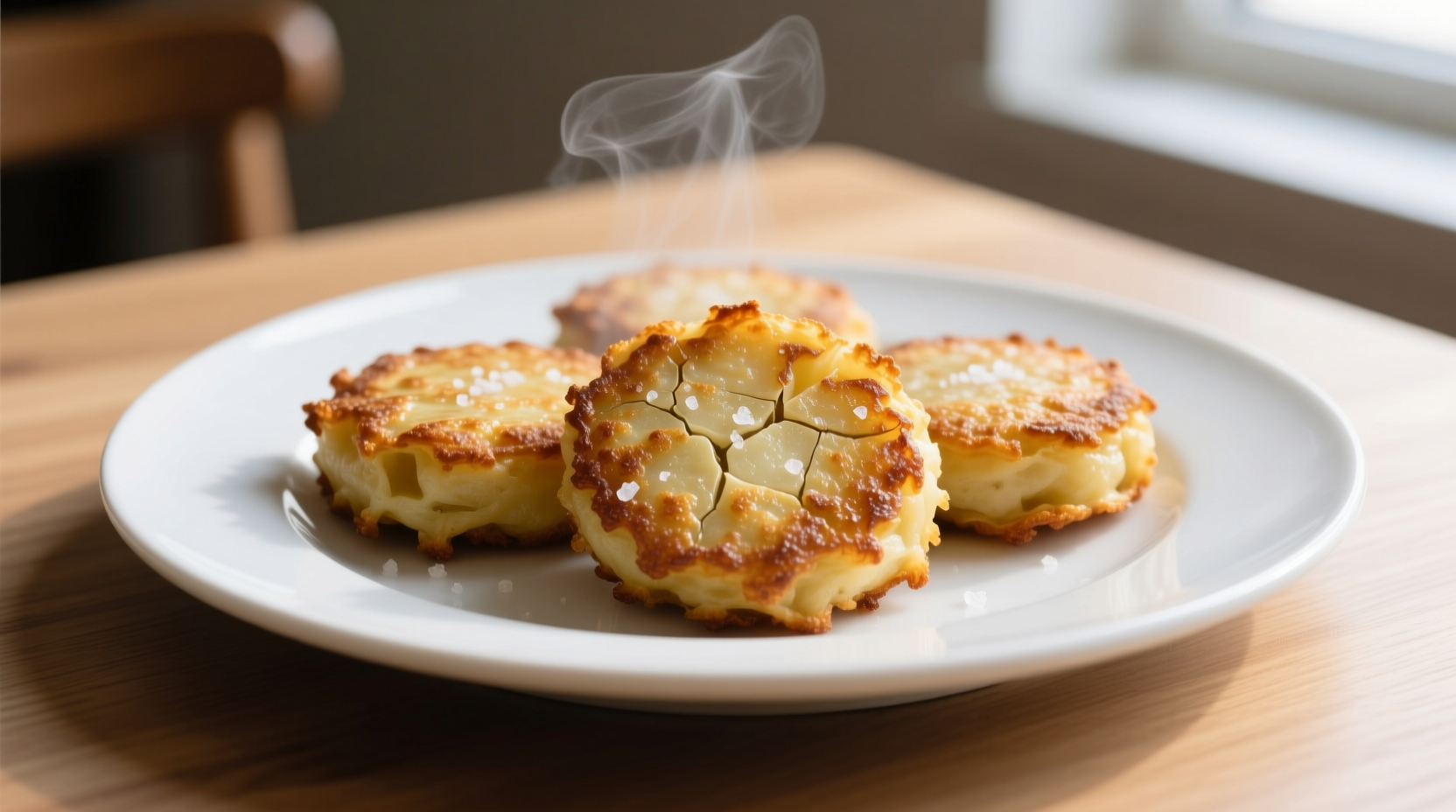 Golden potato patties with crispy edges on white plate