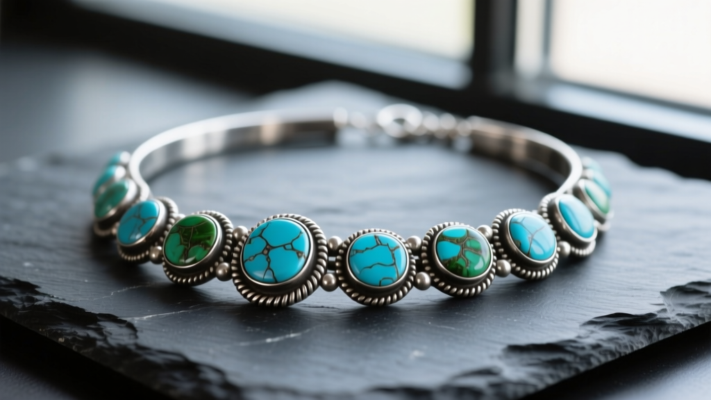 Close-up of a vintage Navajo sterling silver squash blossom necklace on dark slate, highlighting intricate stamped turquoise beads.