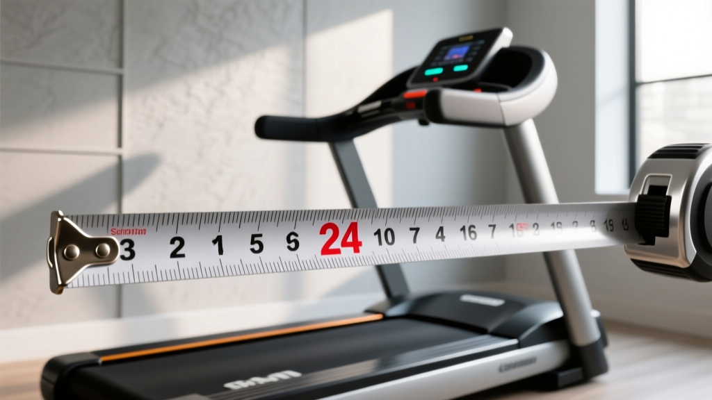 Close-up of a tape measure showing exactly twenty-four inches of clearance space behind a self-powered curved treadmill in a home gym