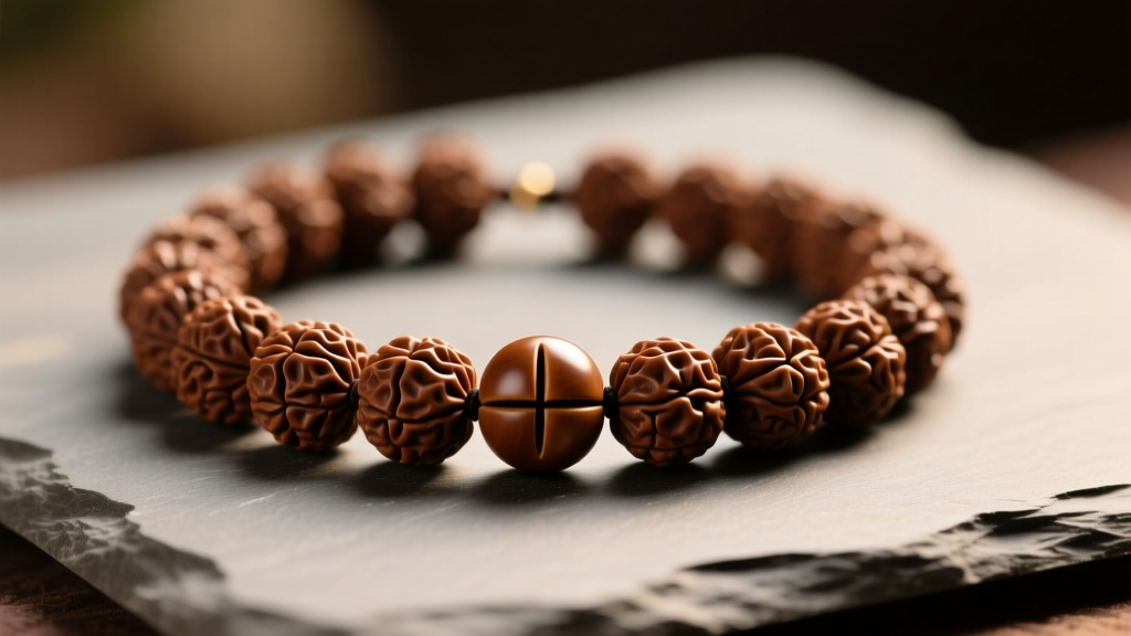 Close-up of a 5-mukhi rudraksh necklace on slate, highlighting deep grooves and brown texture of the beads under warm light