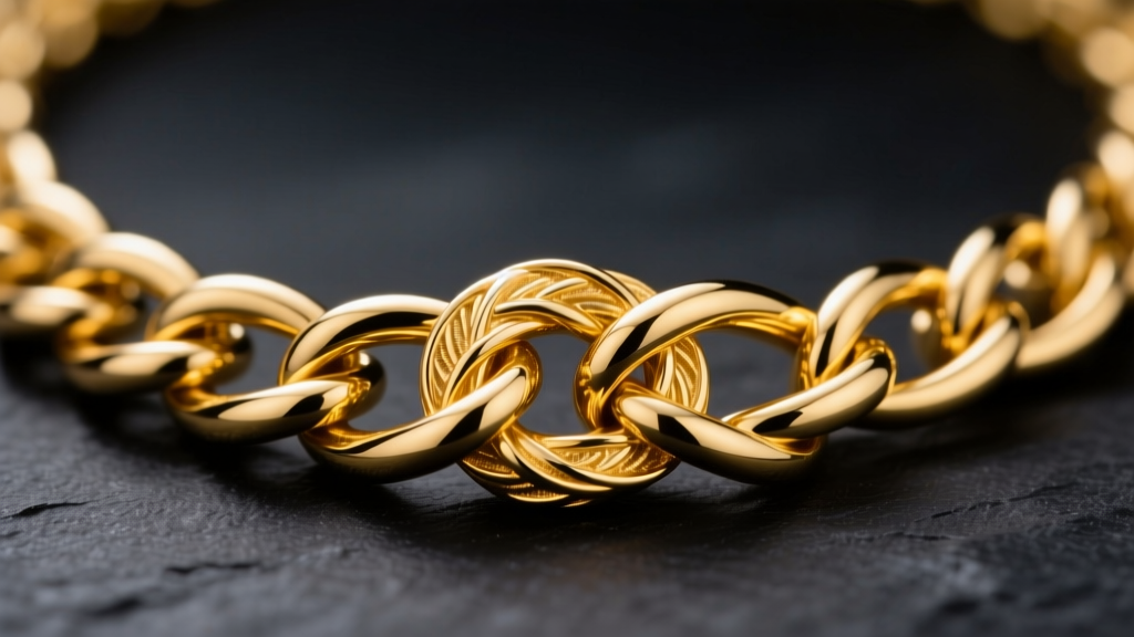 Macro photo of an 18k yellow gold knotted necklace chain, highlighting interlocking metal links against a dark slate background.