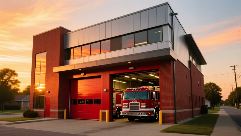 Modern two-story fire station exterior with red apparatus bay doors, brick and metal panel facade, and parked fire engines at sunset