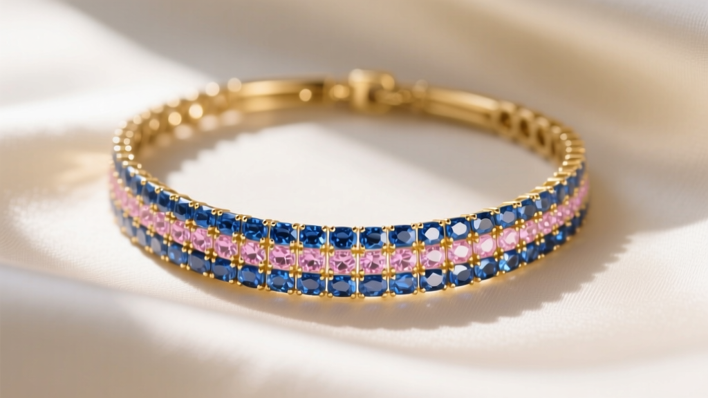 Macro shot of a 14k gold rainbow baguette necklace with blue sapphires and pink tourmalines resting on cream silk fabric