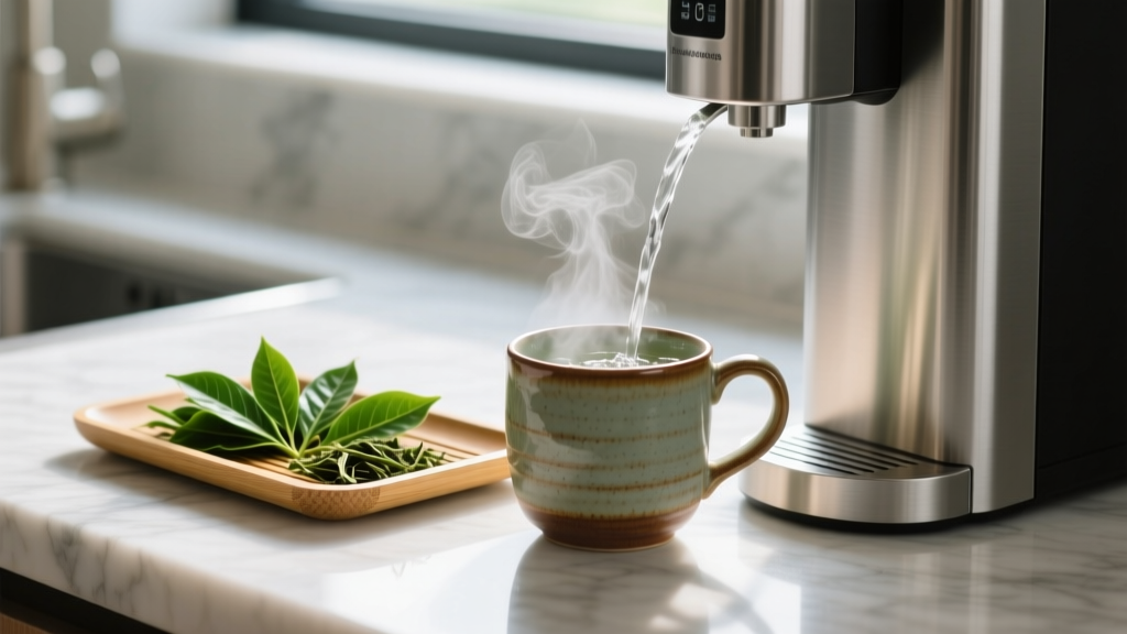 Countertop reverse osmosis dispenser pouring hot water into a ceramic mug beside a bamboo tray of loose leaf Japanese green tea