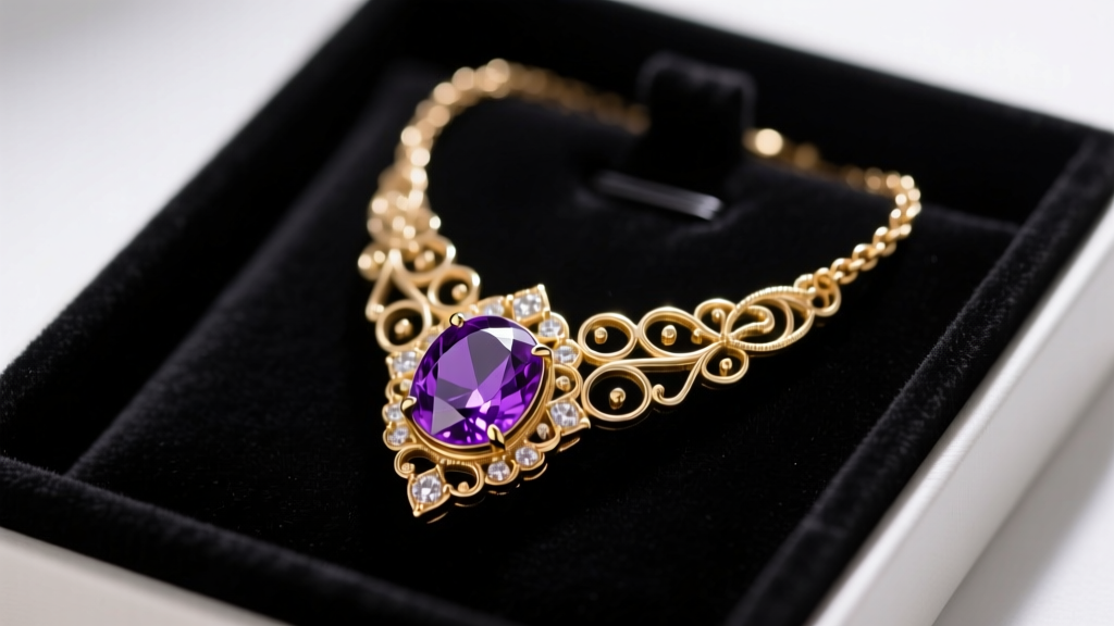 Collector replica of a Princess Sofia amulet necklace on dark velvet, highlighting the purple gem and gold filigree details.