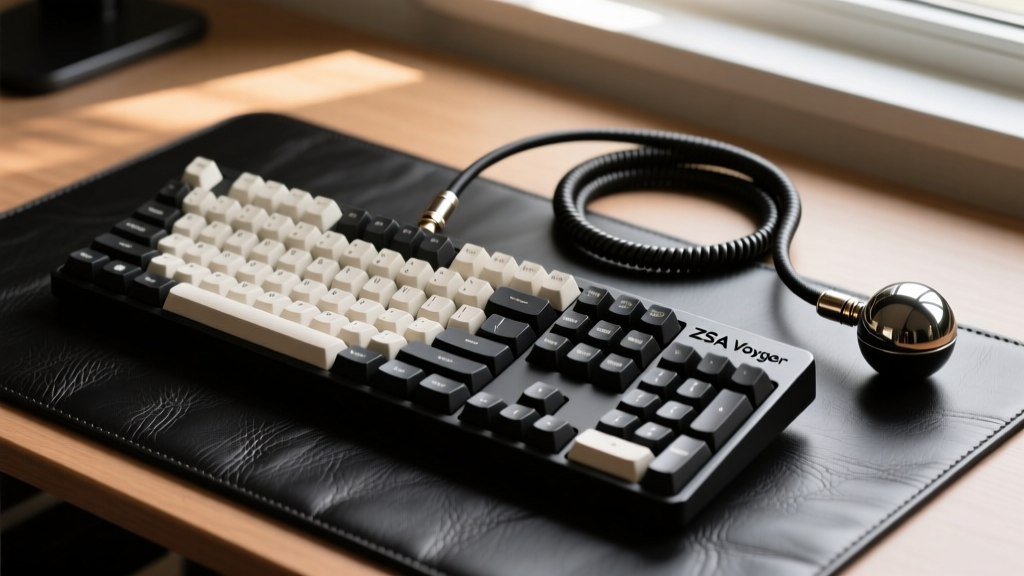 Ergonomic split mechanical keyboard setup with ZSA Voyager and custom coiled aviator cable resting on a leather desk mat next to a trackball