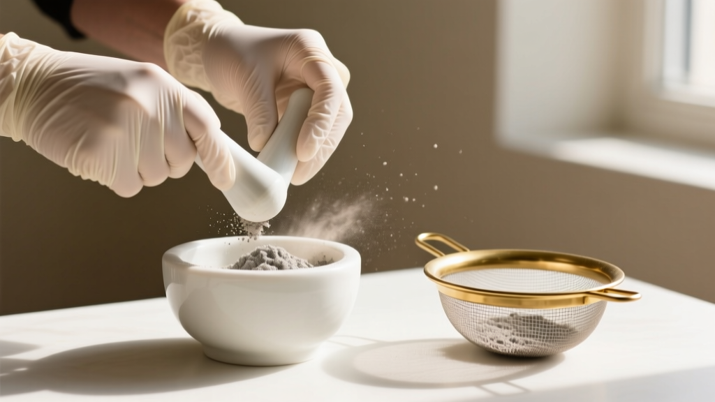 Nitrile-gloved hands using a ceramic mortar and pestle to crush pet cremains into fine powder beside a 100-mesh brass sieve.