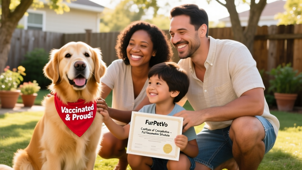 A happy family celebrating their dog’s completed vaccination schedule with a FurPetVo certificate and bandana