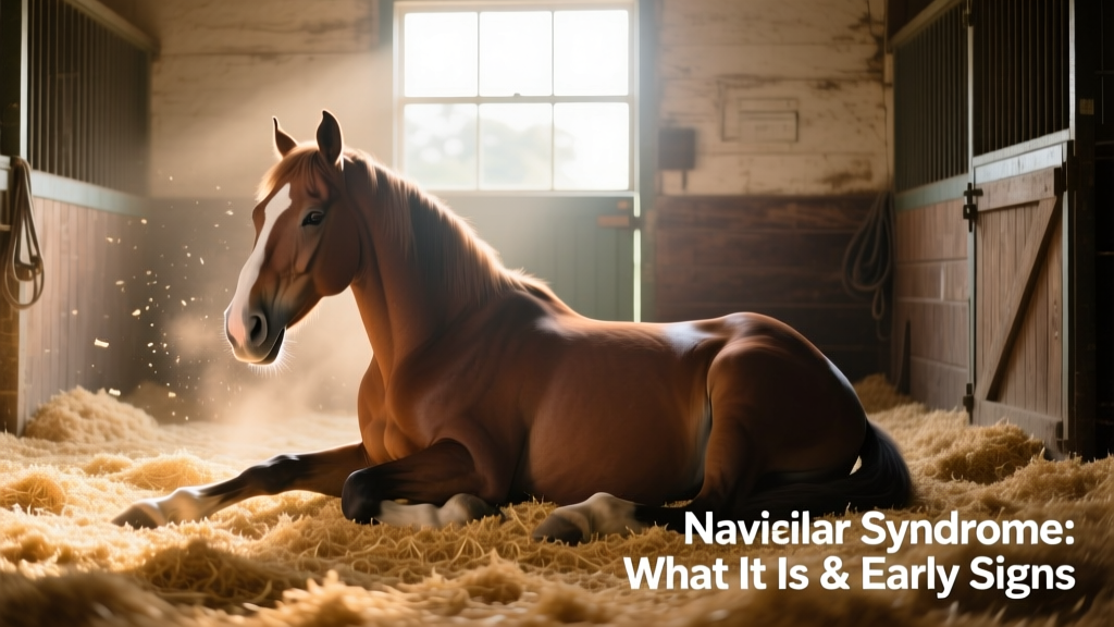 Horse relaxing in a well-bedded stall with soft shavings, showing relaxed posture and weight-bearing symmetry