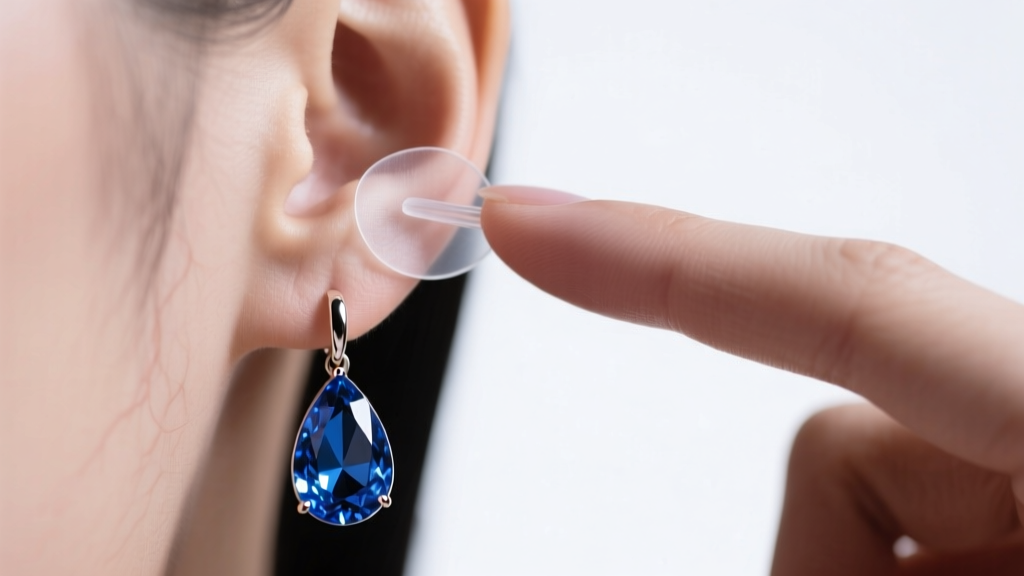 Finger applying a clear adhesive earlobe support patch behind the lobe to hold up a heavy gemstone waterdrop earring securely.