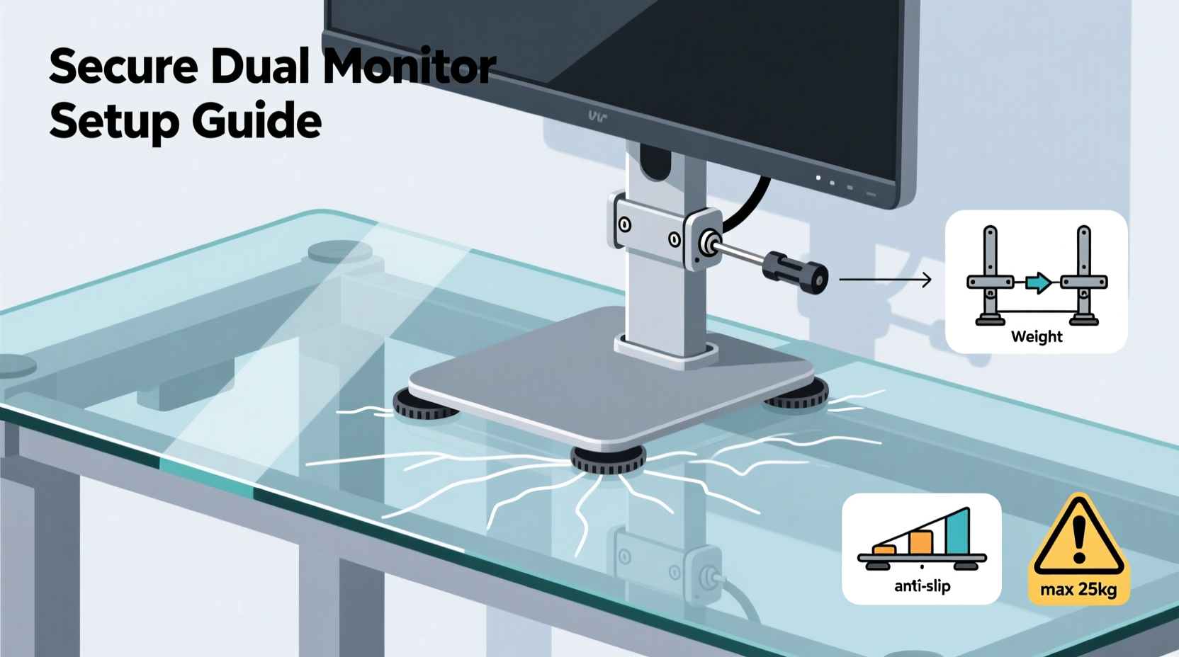 how to set up a dual monitor stand on a glass desk securely and safely