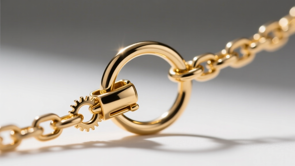 Macro view of a 5mm lobster clasp attached to a delicate jump ring, showing a secure closure mechanism on a 14k gold chain.