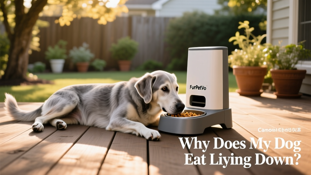 Happy senior dog resting comfortably after eating from an elevated FurPetVo feeder