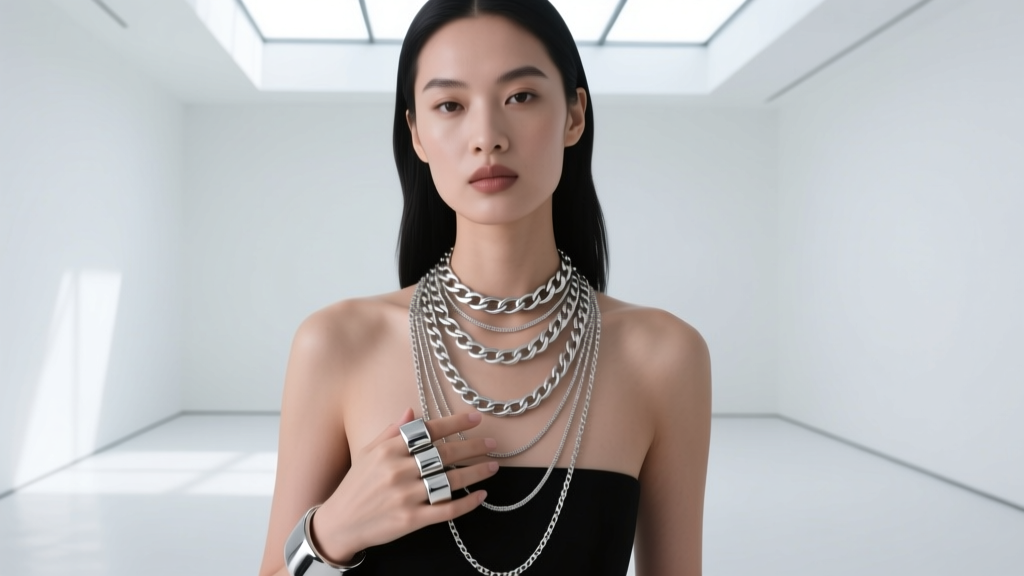 Model wearing layered 925 sterling silver chain necklaces and chunky rings in a minimalist studio with soft directional lighting.