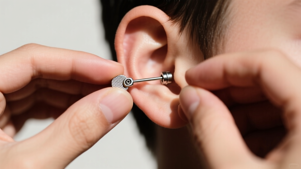 Close-up of hands holding a teen earlobe, preparing to remove a steel starter earring with a locking safety clutch back.