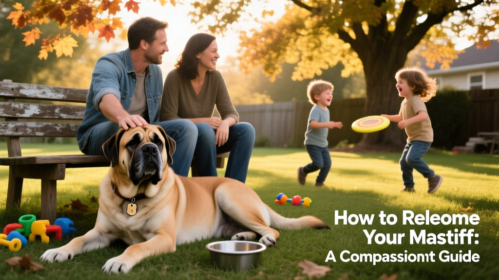 A calm, gentle Mastiff resting beside a family in their backyard