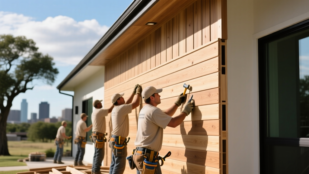 Workers installing LP SmartSide wood siding on a modern Austin home exterior under bright Texas sunlight with framing