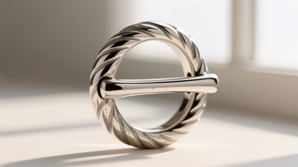 Close-up macro shot of a heavy sterling silver toggle necklace clasp, showing the T-bar inserted through a textured ring.