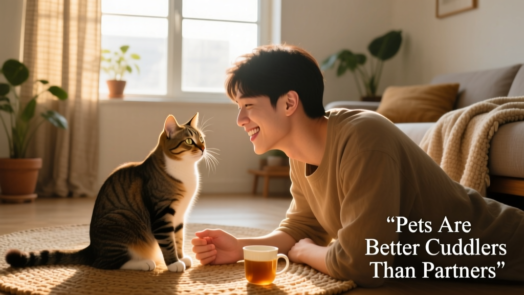 A smiling person holding their cat while looking into its eyes, conveying deep emotional connection