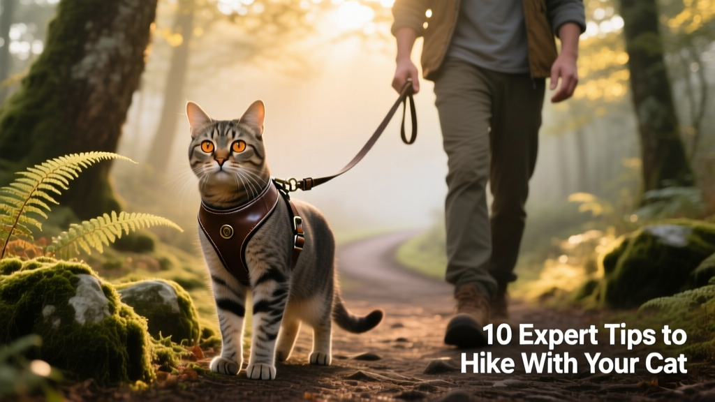 A calm, confident cat wearing a well-fitted harness and leash, standing on a forest trail beside its human