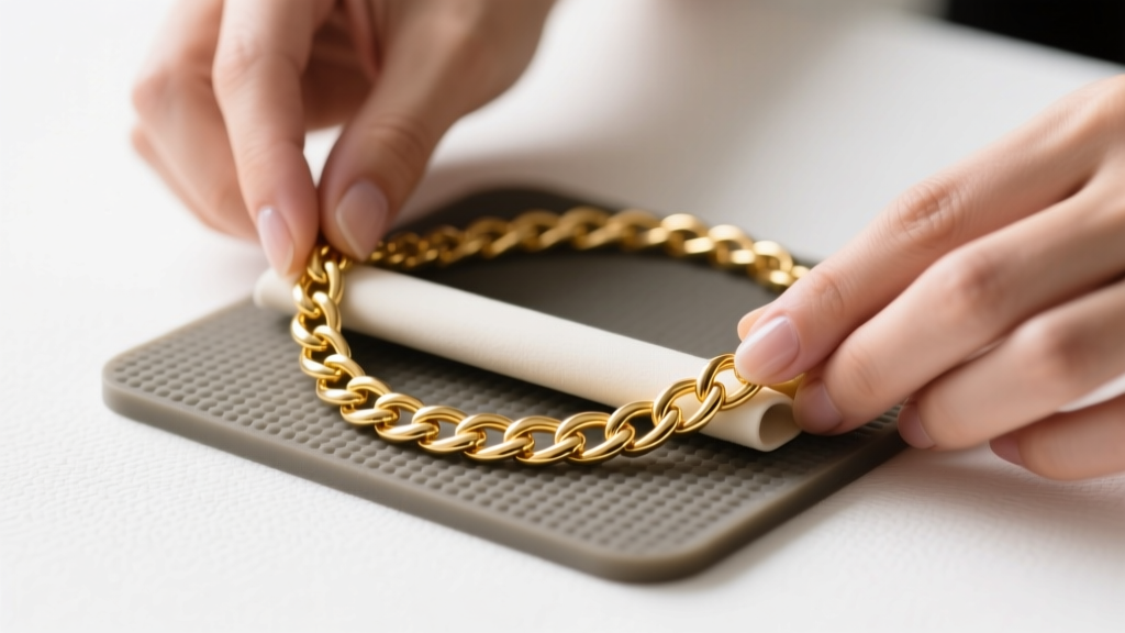 Hands flattening a kinked 10k gold herringbone necklace on a rubber mat, demonstrating proper chain care and kink repair methods.