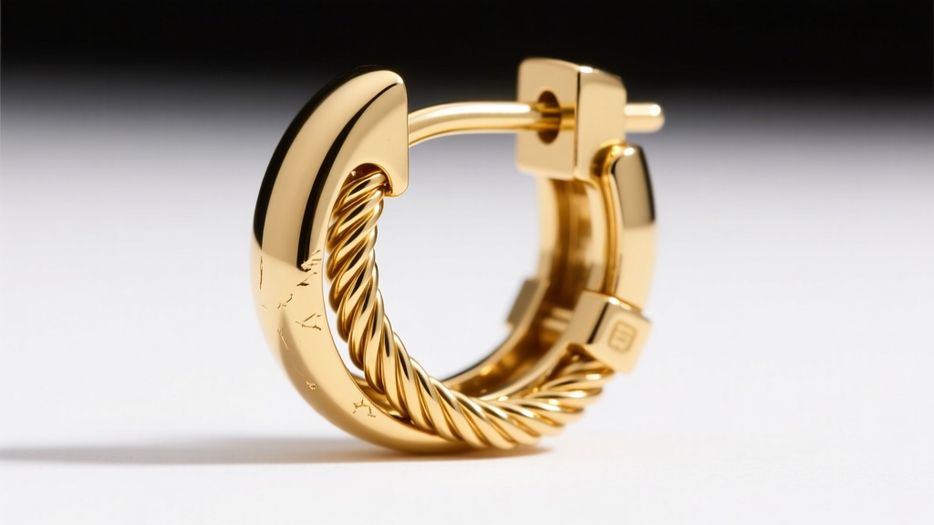 Macro photography of a thick 14k gold leverback earring clasp mechanism, highlighting the sturdy 18-gauge wire and polished finish.
