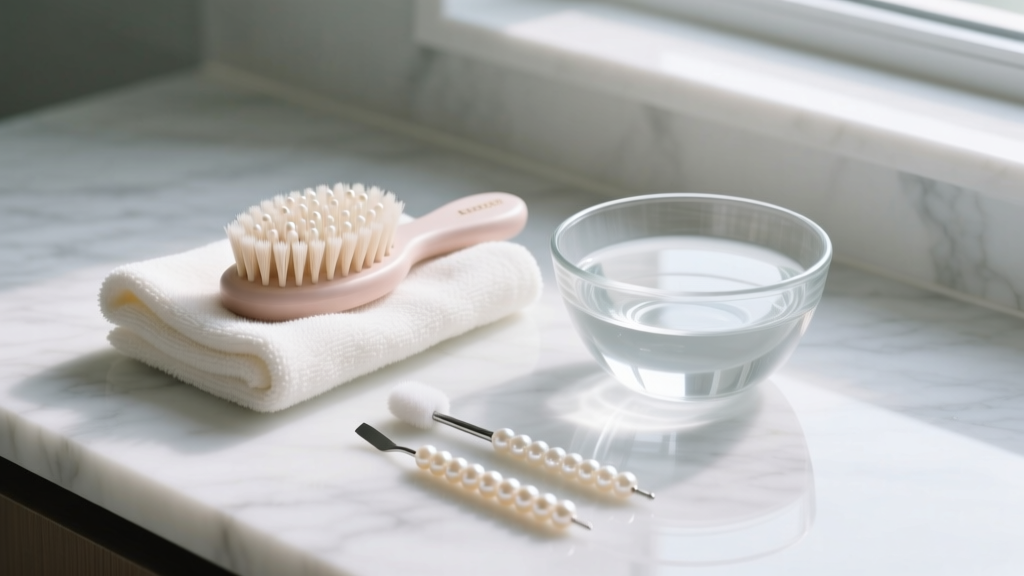 Flat lay of pearl cleaning tools including a soft baby hairbrush, microfiber cloth, and distilled water in a glass bowl on marble.