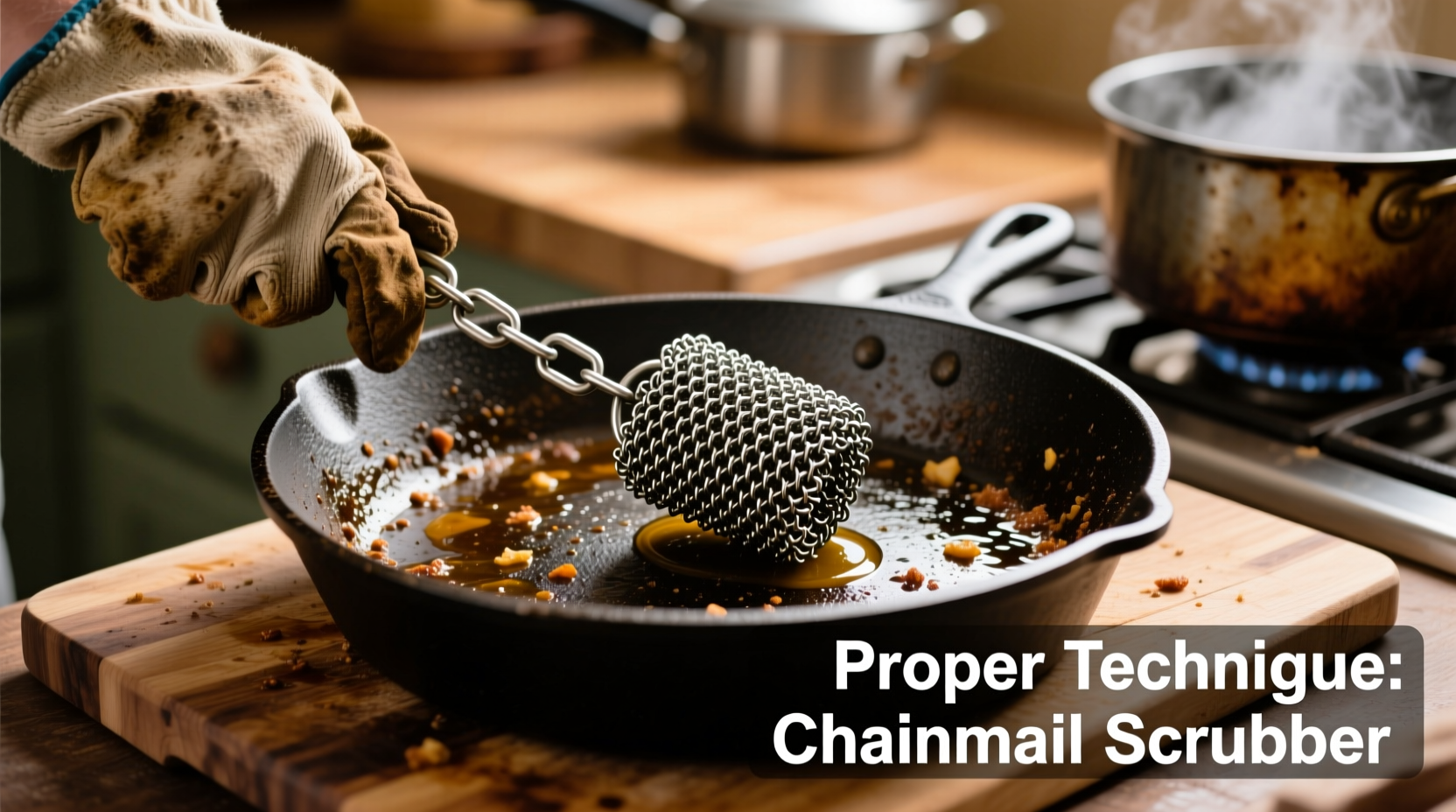 Proper technique for scrubbing cast iron skillet with chainmail scrubber