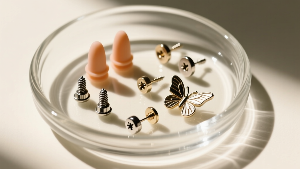 Top-down view of earring backs like silicone bullets, screw-backs, and metal butterfly clutches organized in a small glass dish.