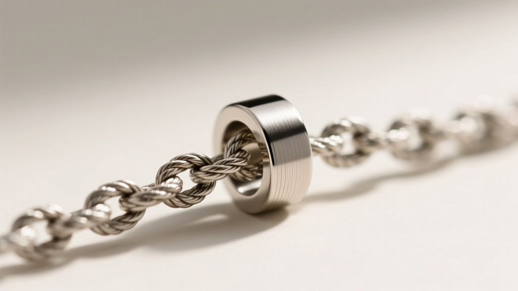 Macro shot of a 22-inch 3mm rope chain threading through a brushed titanium pendant bail, highlighting the metal texture and fit