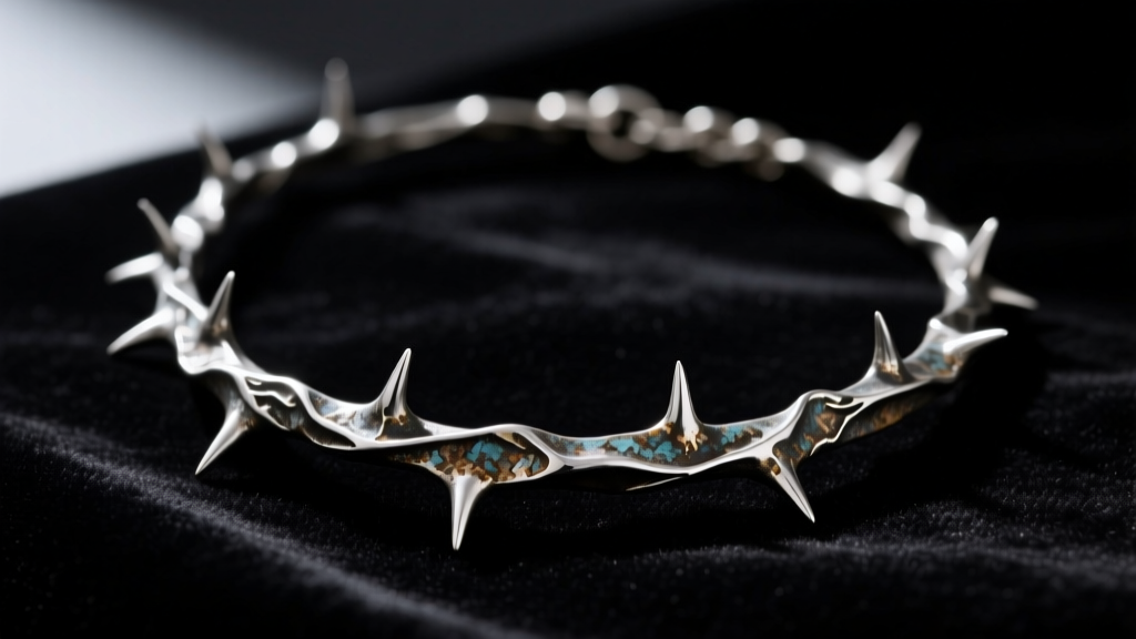 Oxidized silver thorn necklace on black velvet, showing deep crevices and dark patina under soft lighting.