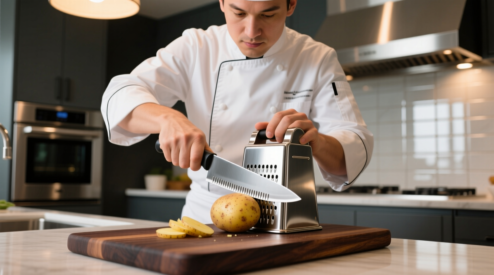 Professional chef using stainless steel potato dicer on cutting board