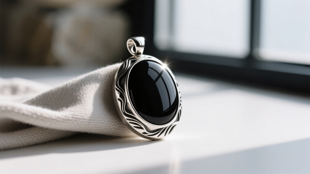 Soft cloth polishing the raised edges of a dark patina silver pendant, preserving the deep blackened recessed metal details.