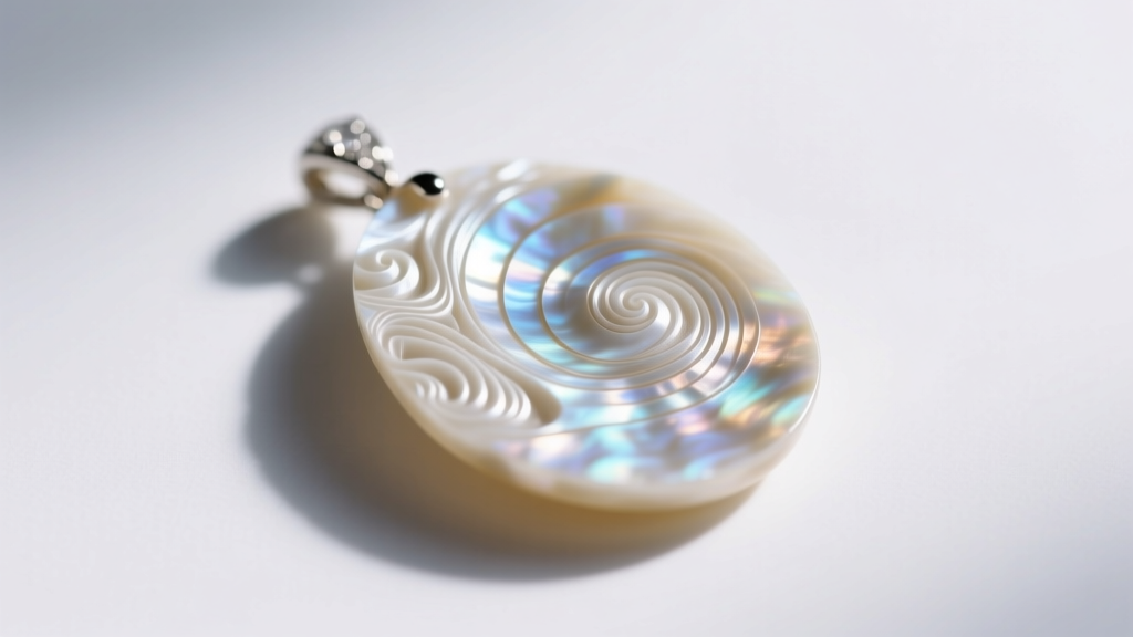 Macro shot of a carved mother of pearl pendant showing natural nacre striations, illuminated by soft directional side lighting.